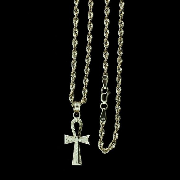 10K Real Gold Rope Chain and Ankh Cross Pendant Set - Picture 1 of 8